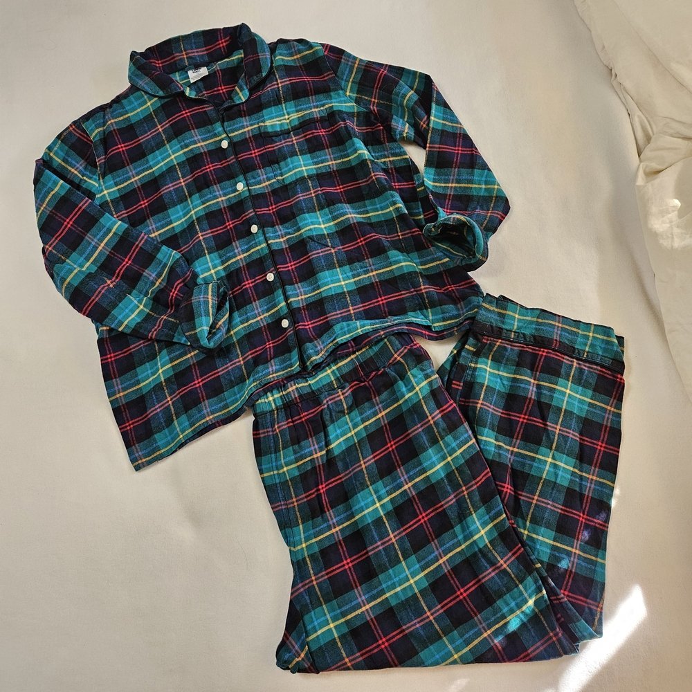 Lands' End Women’s Flannel Pajama Set XL Petite (18P) Blue Teal Plaid 2-Piece